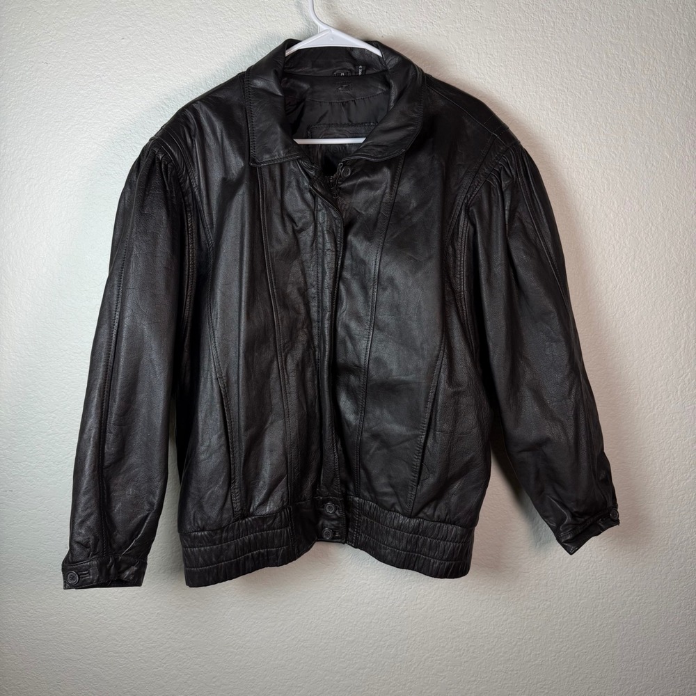 Vintage 80s Black Leather Bomber Jacket Oversized Baggy Slouchy Grunge Batwing L